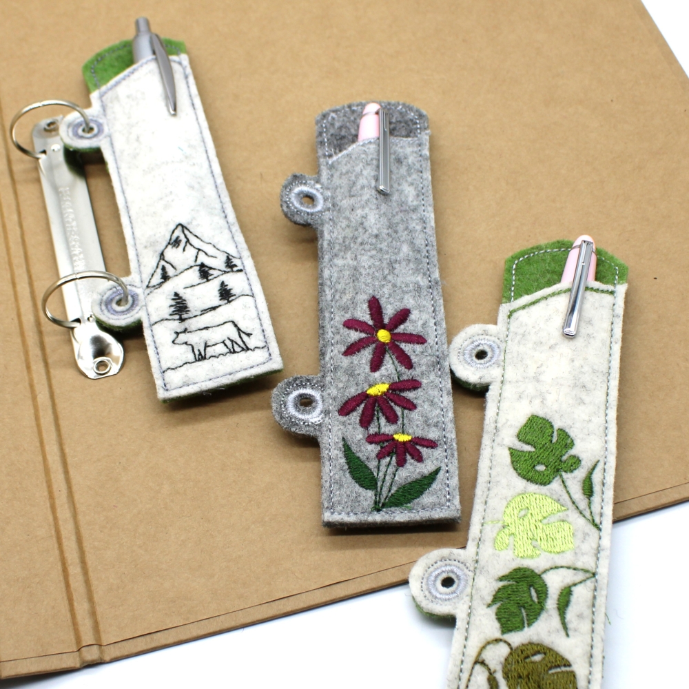 Bild 1 von ITH Stickdatei Ringbuch Ordner Stifteetui schmal für Kugelschreiber Motive Blumen