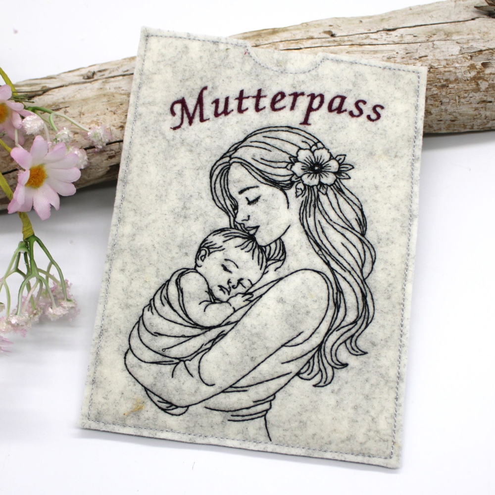 Bild 1 von Stickdatei Mama Mutter mit Baby Konturstickdatei in verschiedenen Größen mit ITH Mutterpass